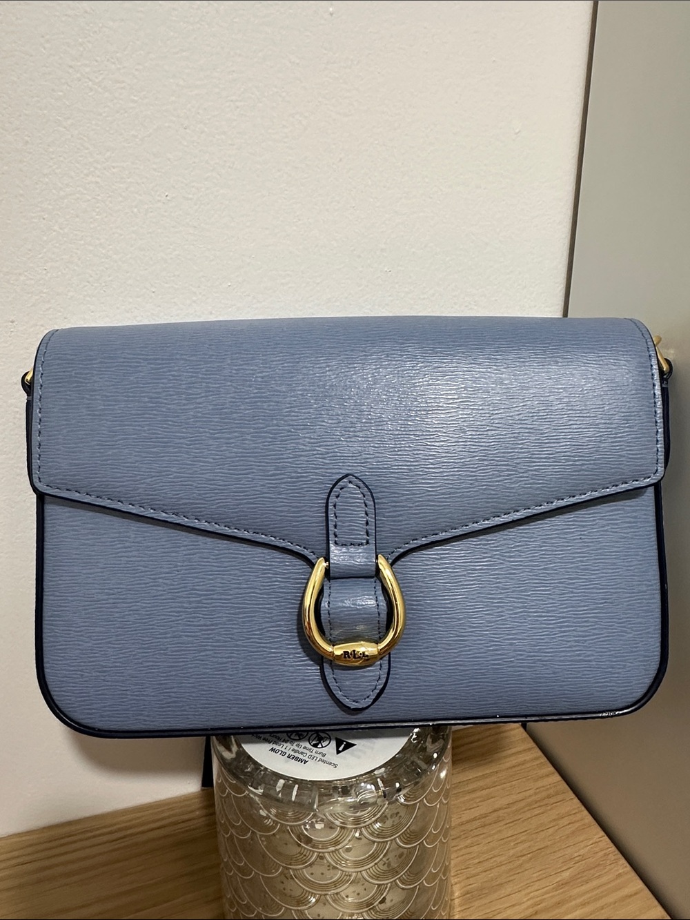 Lauren Ralph Lauren Dusty Blue Leather Crossbody with Gold Ring